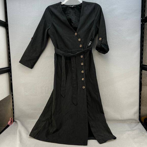Lulus Dress Women's M Black Button Up Belted Adjustable Sleeve V-neck NWT - Picture 3 of 13